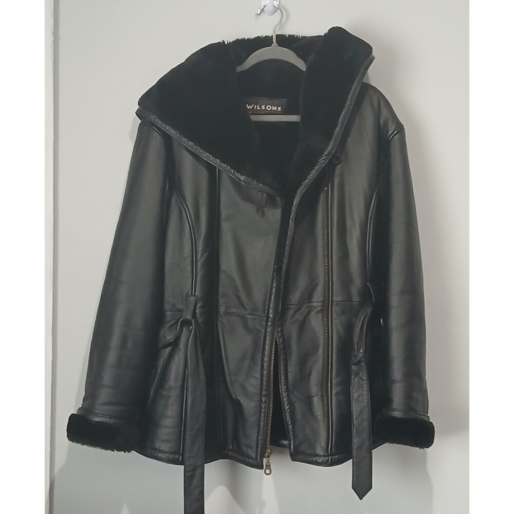 Wilson Leather Black Leather Faux Fur Lining Jacket W Hood. Women Size Large.